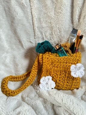 Crochet (by me) Purse with White Flower Accents & Mini Pocket